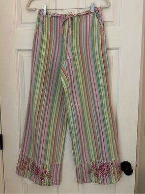 Vintage Oilily Multicolor Pastel Striped Wide-Leg Pants with Floral Trim